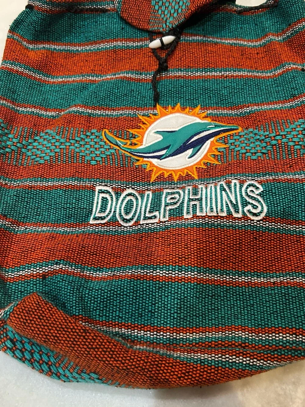 Miami Dolphins Striped Drawstring Tote Bag in Teal & Orange